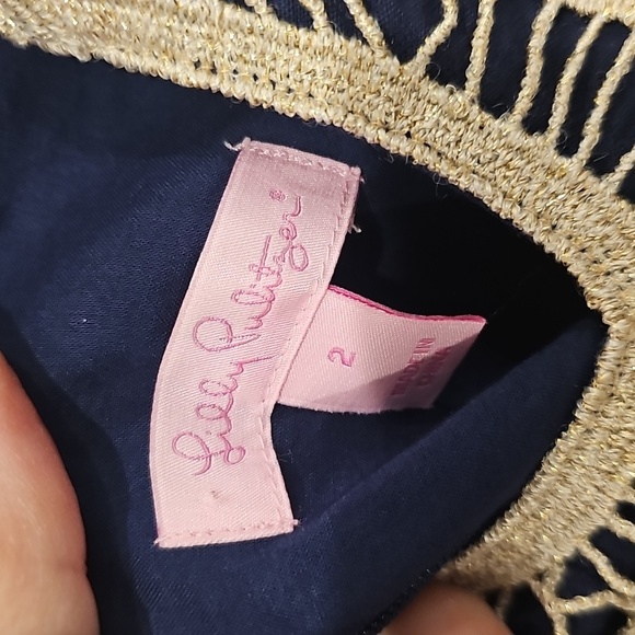 Lilly Pulitzer Navy Blue Sheath Dress Gold Crochet Embellished Sleeveless - Picture 2 of 5